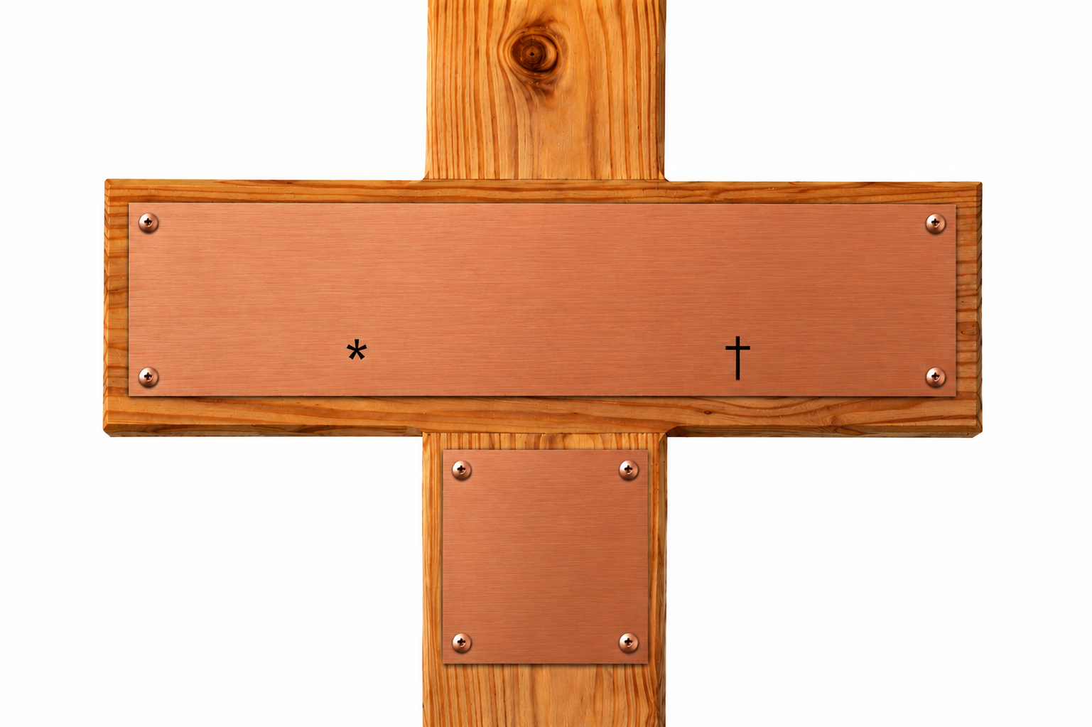 Leeres Holzgrabkreuz mit bronzefarbenem Schild ohne Beschriftung, nur Stern- und Kreuzsymbol sichtbar