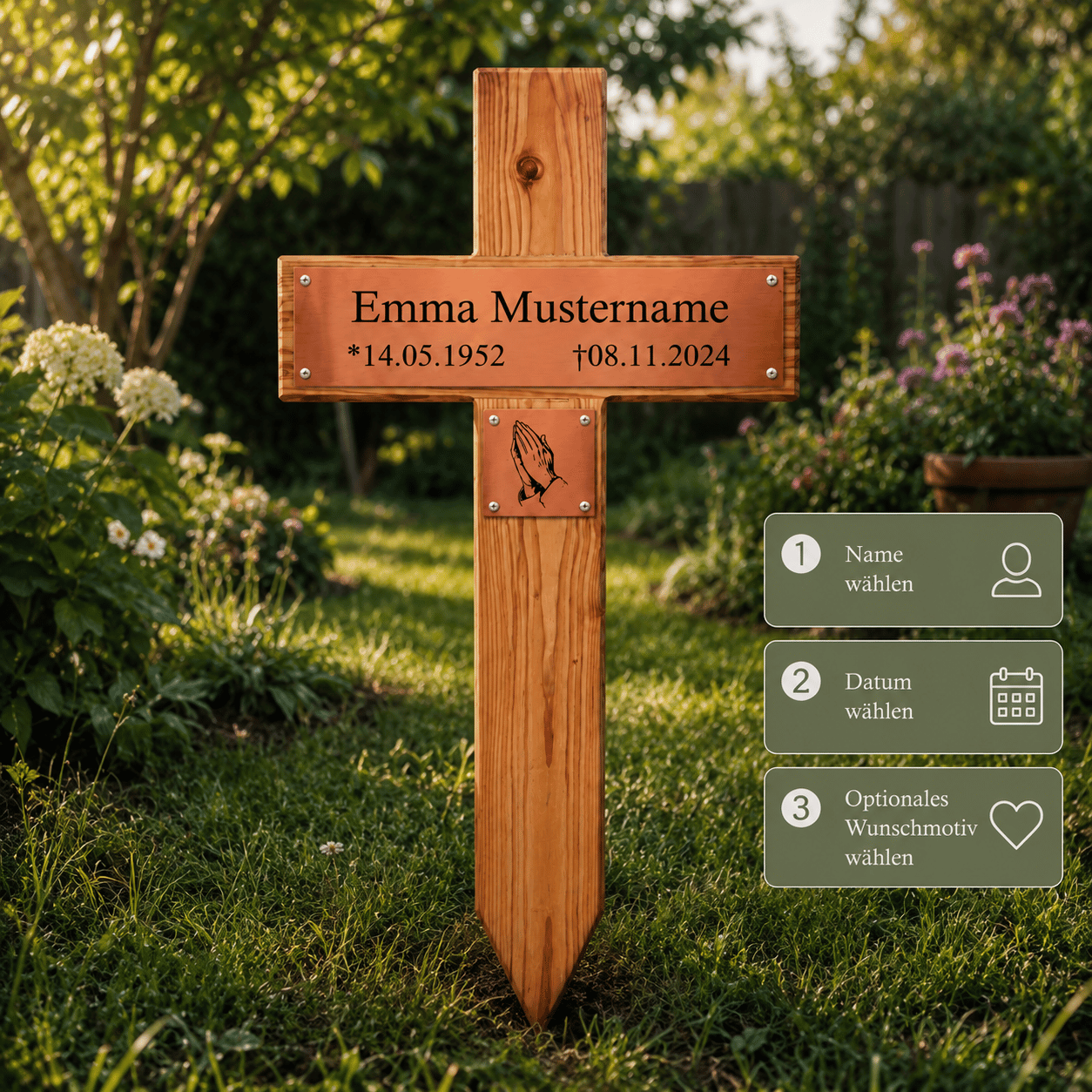 Grabkreuz aus Holz mit Namensschild personalisieren: Name, Datum und Wunschmotiv wählen
