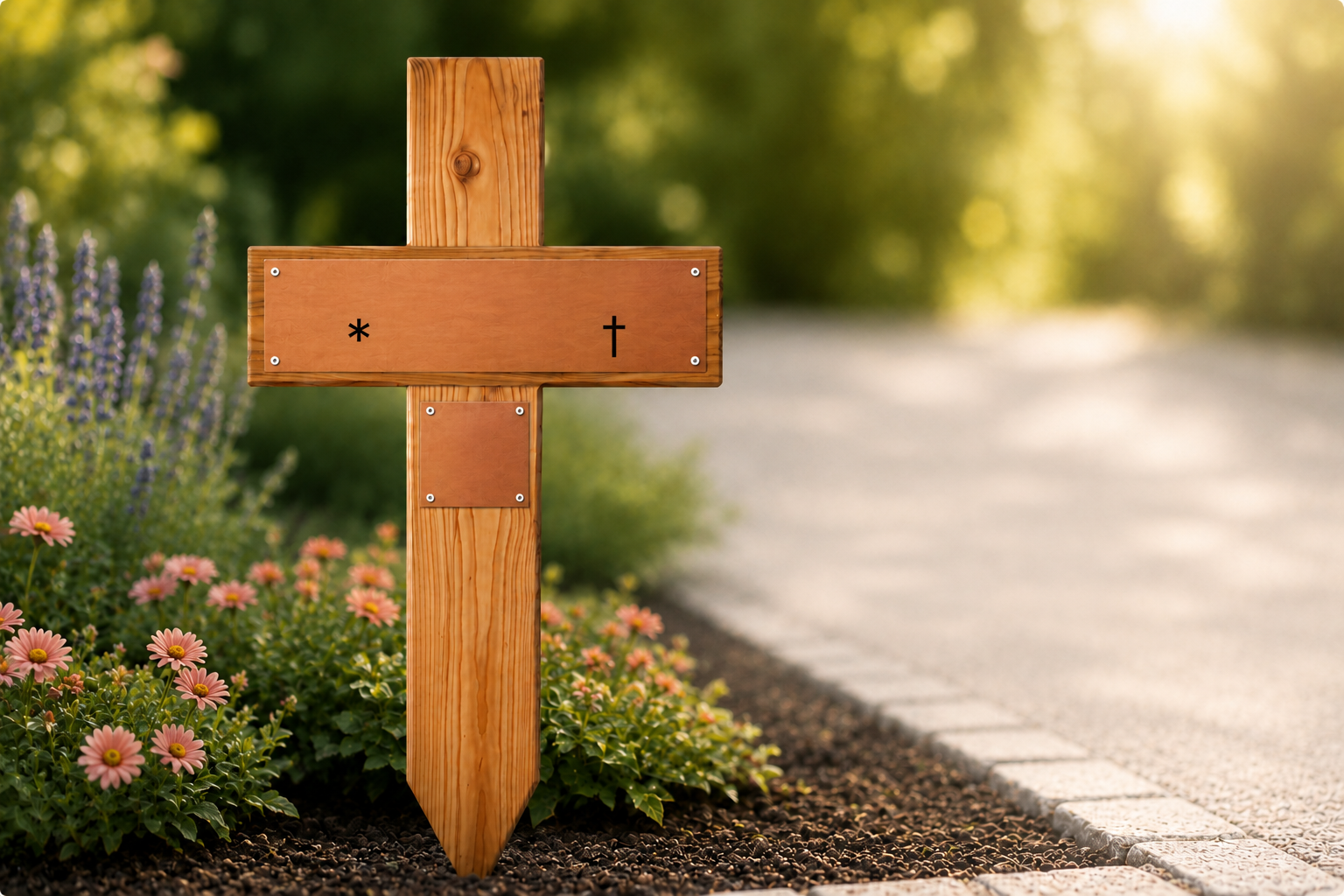 Unbeschriftetes Holzgrabkreuz mit bronzefarbenem Schild, aufgestellt auf einem Grab zwischen Blumen im Garten