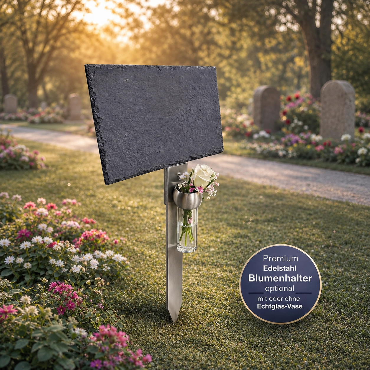 Personalisierte Gedenktafel - Wunschmotiv mittig - inkl. Lasergravur und exklusivem Edelstahlhalter