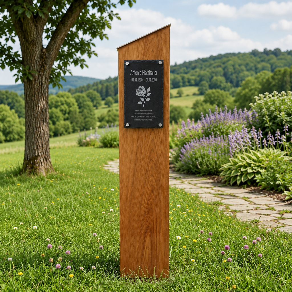 Personalisierte Stele aus geölter Eiche mit Edelstahl-Wetterschutzhaube - Gedenkweise