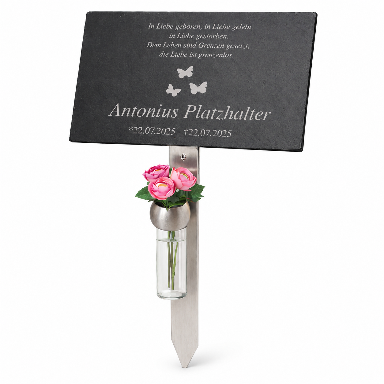 Personalisierte Gedenktafel - Wunschmotiv mittig - inkl. Lasergravur und exklusivem Edelstahlhalter