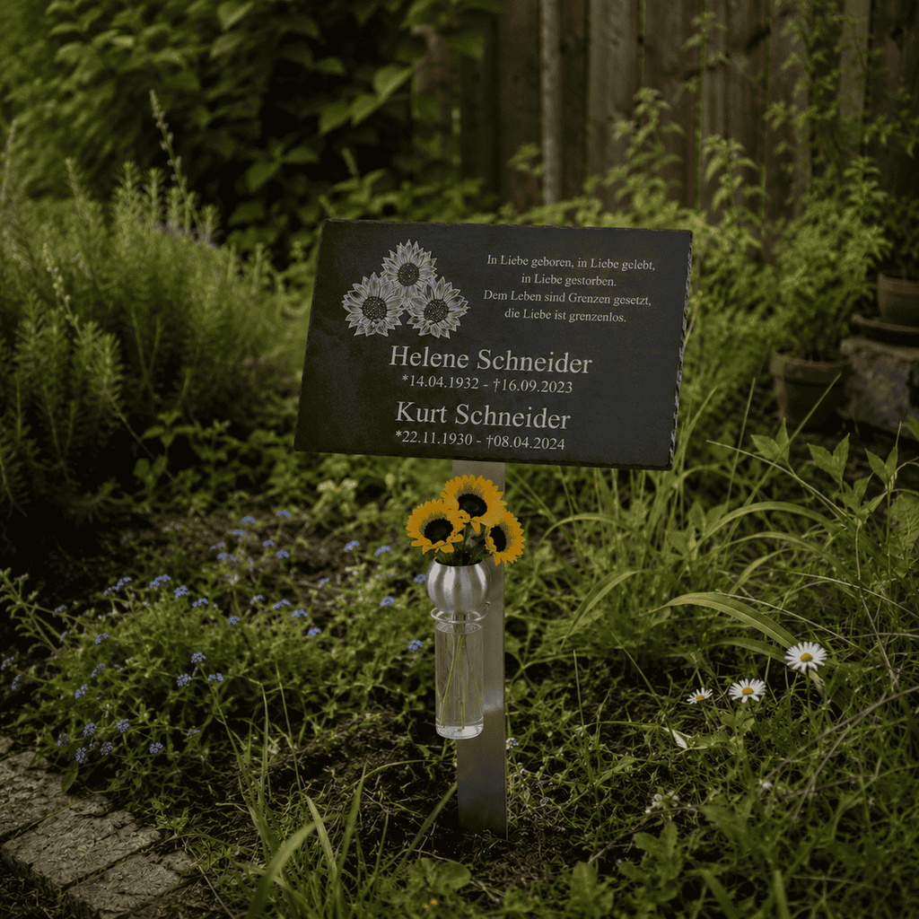 Gedenktafel für Ehepaar mit Sonnenblumen-Gravur und gelben Sonnenblumen in Blumenvase, Grabstein Garten
