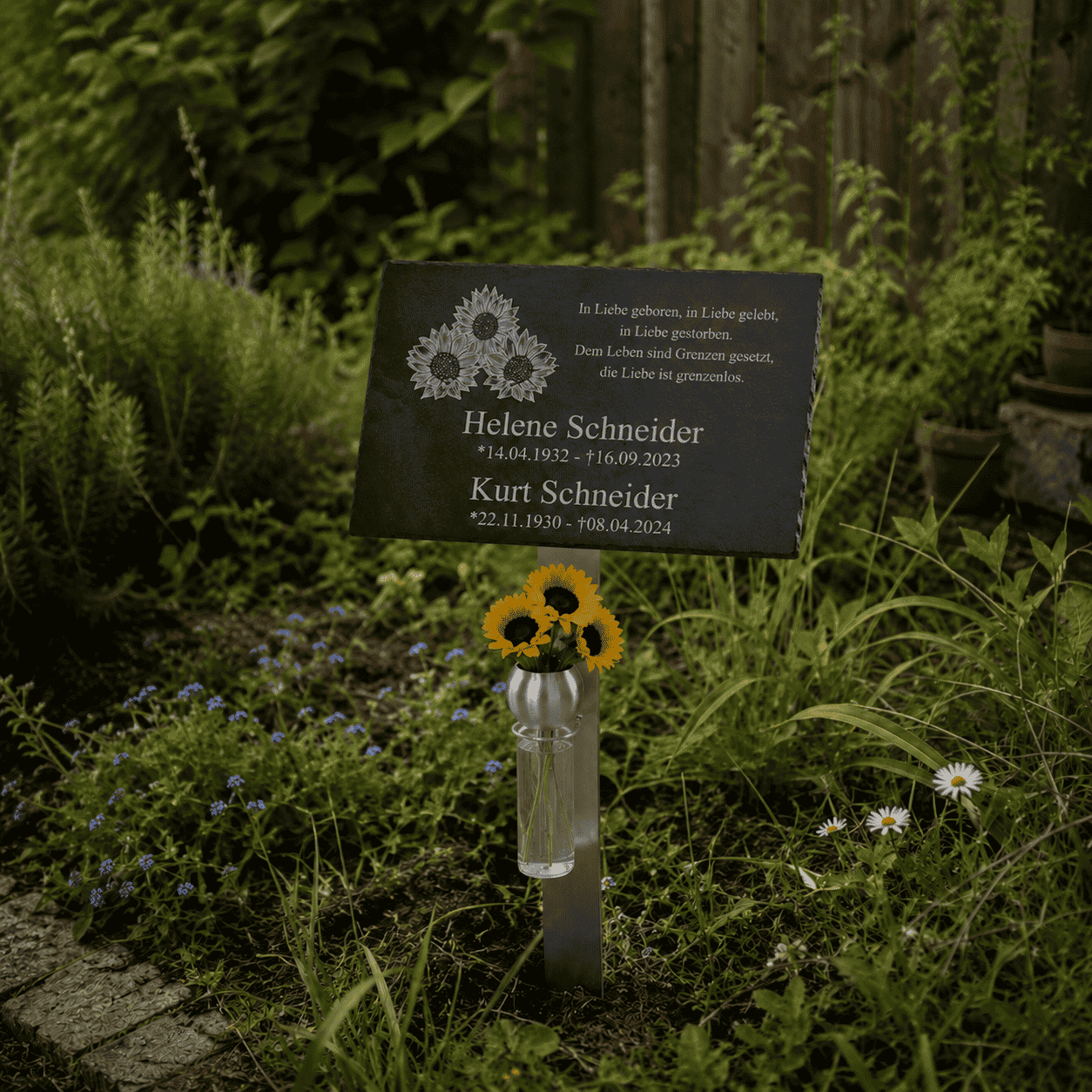 Gedenktafel für Ehepaar mit Sonnenblumen-Gravur und gelben Sonnenblumen in Blumenvase, Grabstein Garten