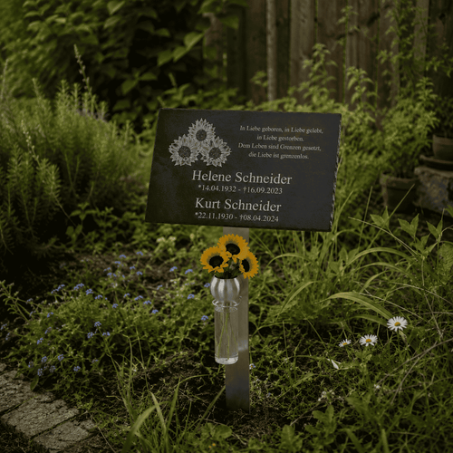Gedenktafel für Ehepaar mit Sonnenblumen-Gravur und gelben Sonnenblumen in Blumenvase, Grabstein Garten