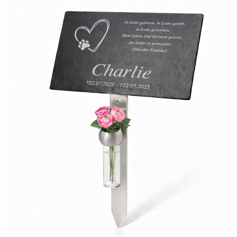 Personalisierte Tier-Gedenktafel mit Wunschmotiv (Links) & Lasergravur - Inkl. exklusivem Edelstahlhalter