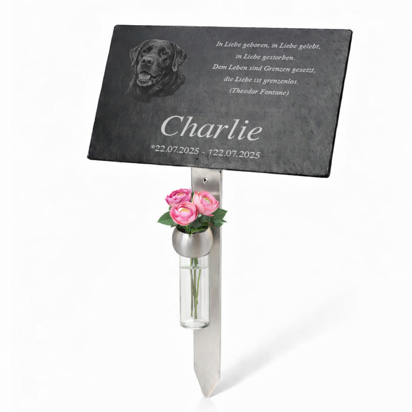 Personalisierte Tier-Gedenktafel mit Foto & Lasergravur – Inkl. exklusivem Edelstahlhalter