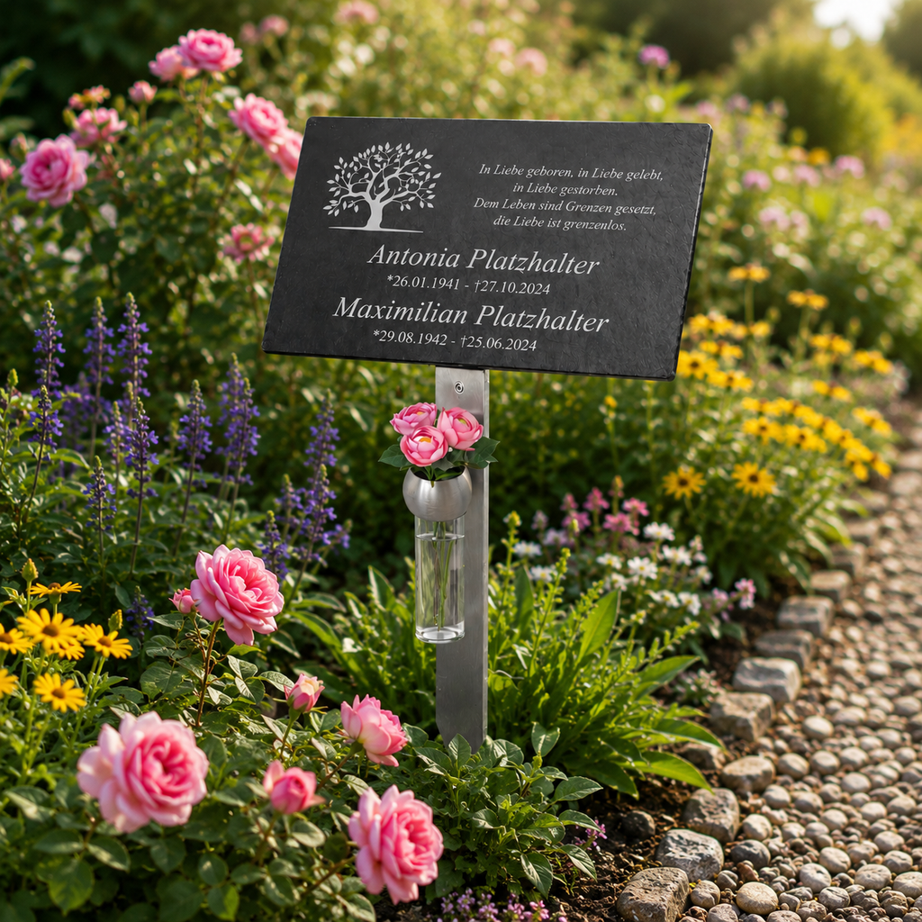 Schiefer Gedenktafel mit Vase und Edelstahlhalter zwischen blühenden Rosen im Garten – hochwertige personalisierte Grab- und Erinnerungstafel.