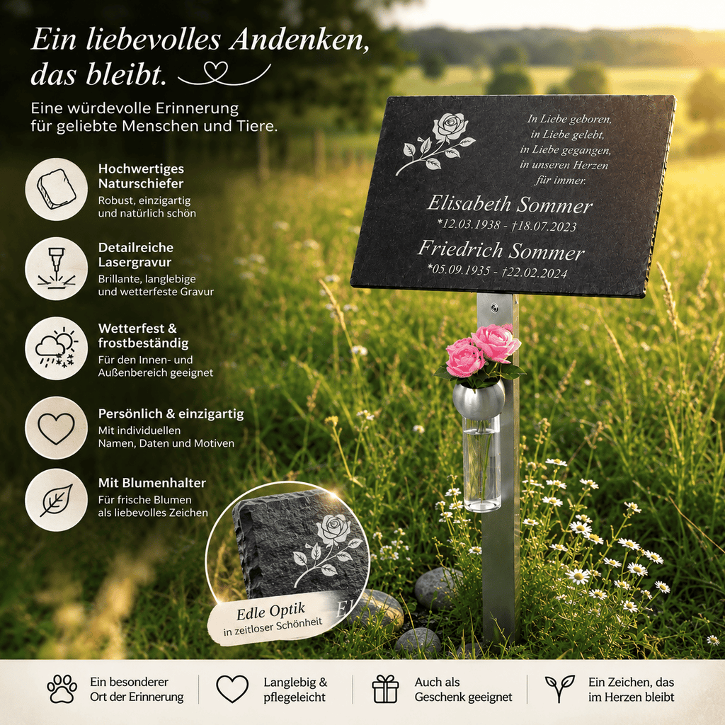 Produktbeschreibung Ehegatten Gedenktafel – Naturschiefer, Lasergravur, wetterfest, mit Blumenhalter, persönlich graviert