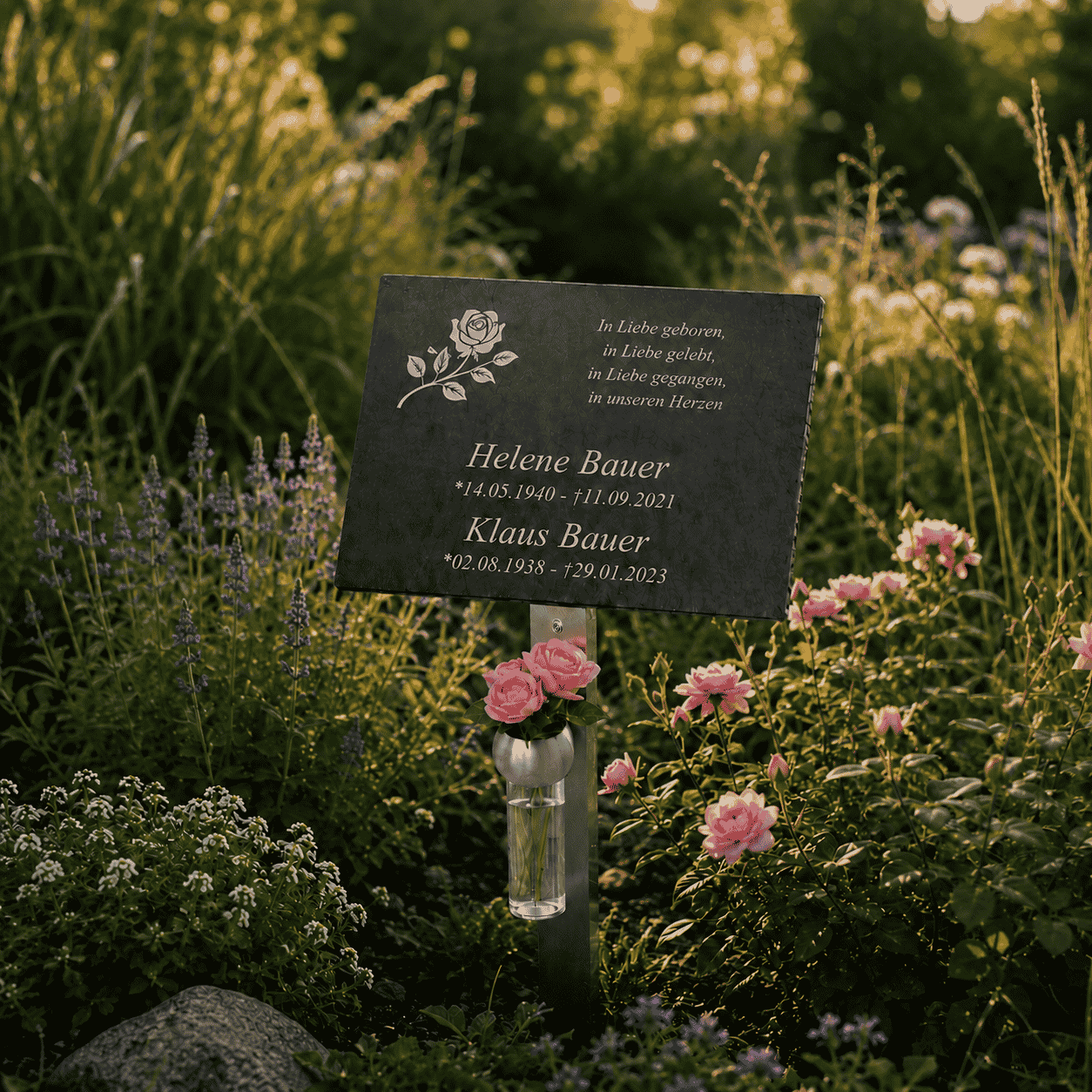 Grabschmuck Gedenktafel Ehepaar aus Schiefer mit Rosenmotiv und Blumenvase im Garten zwischen Lavendel und Rosen