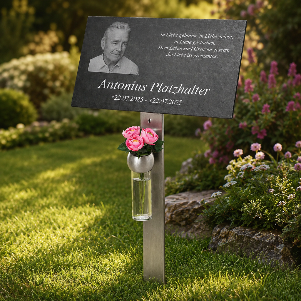 Personalisierte Gedenktafel - mit Wunschfoto - Inkl. Lasergravur mit exklusivem Edelstahlhalter - Gedenkweise