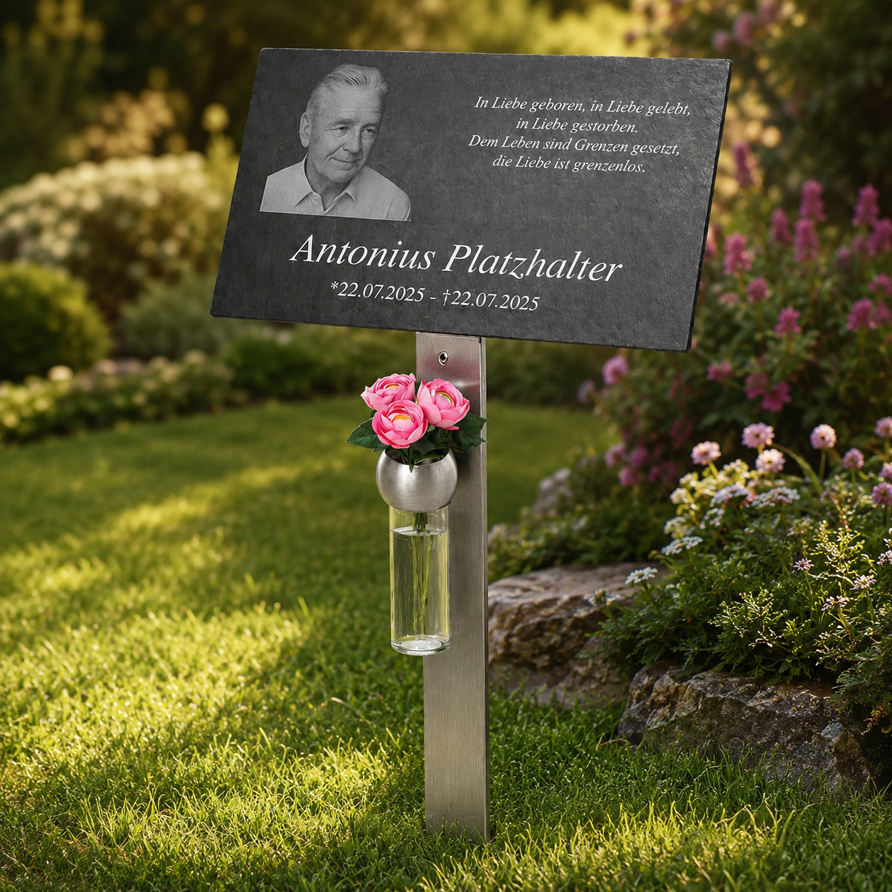 Personalisierte Gedenktafel - mit Wunschfoto - Inkl. Lasergravur mit exklusivem Edelstahlhalter - Gedenkweise