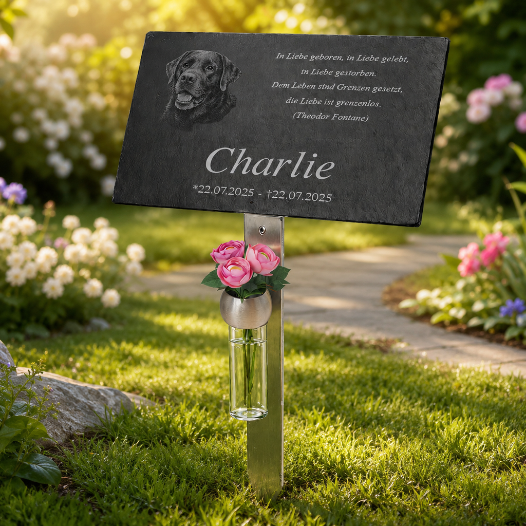 Personalisierte Tier-Gedenktafel mit Foto & Lasergravur – Inkl. exklusivem Edelstahlhalter