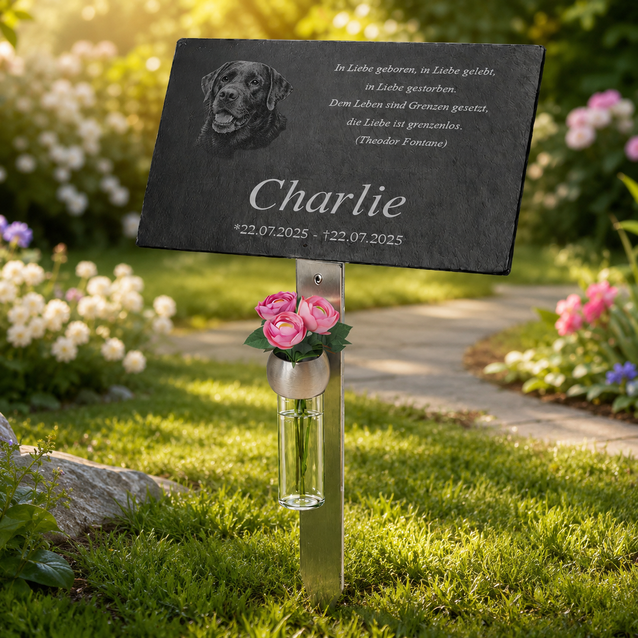 Personalisierte Tier-Gedenktafel mit Foto & Lasergravur – Inkl. exklusivem Edelstahlhalter