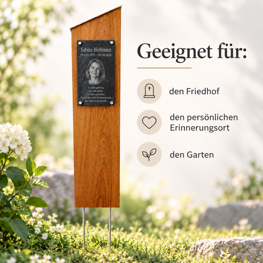 Personalisierte Holz Gedenkstele mit Wunschfoto und Gravur individuell kombinierbar für Erinnerungsorte