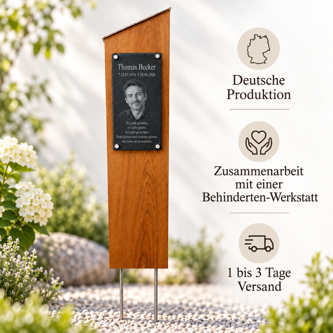 Personalisierte Holz Gedenkstele mit Foto deutsche Produktion und Zusammenarbeit mit Behindertenwerkstatt