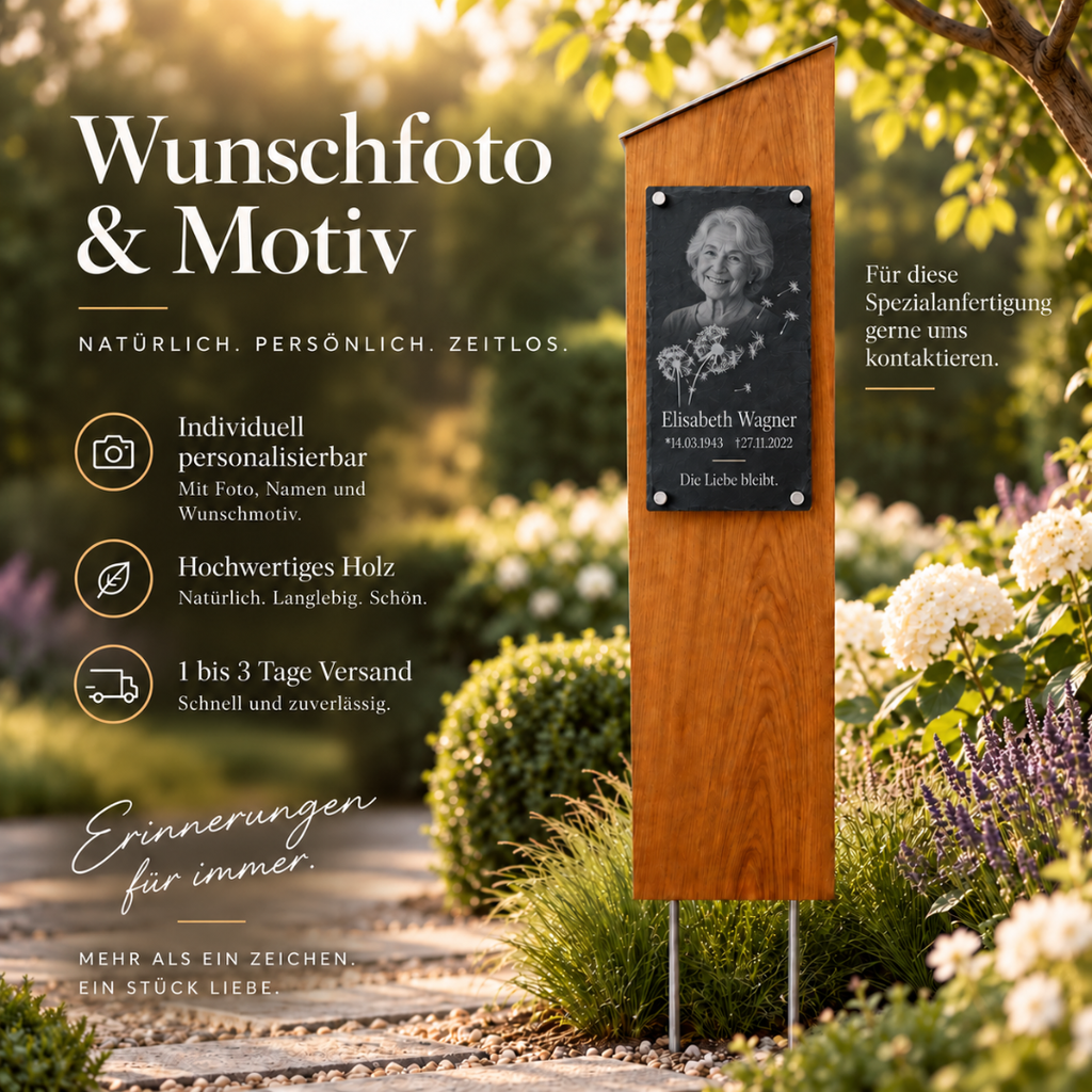 Personalisierte Holz Gedenkstele mit Wunschfoto und Wunschmotiv als individuelle Spezialanfertigung für Erinnerungsorte