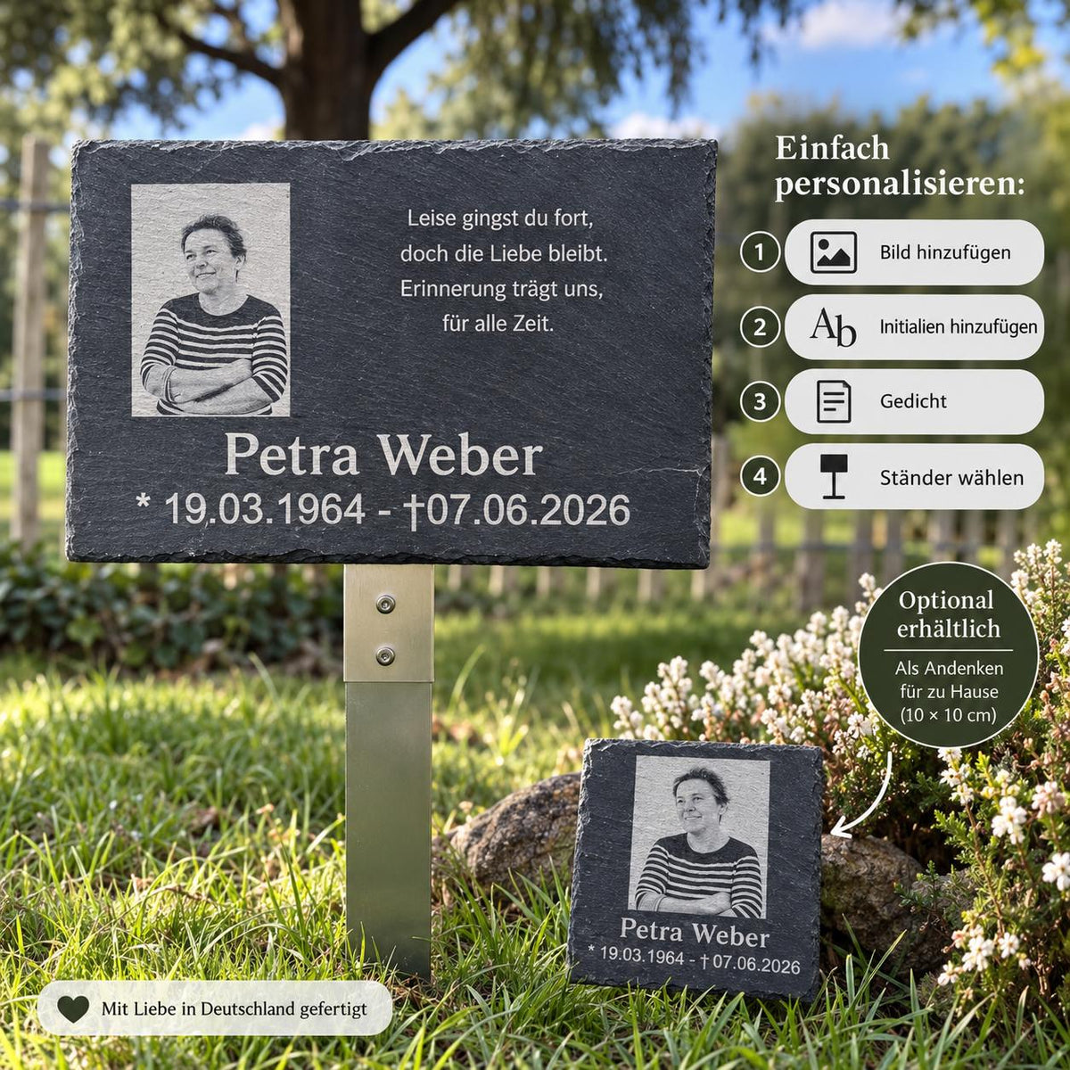 Personalisierte Gedenktafel aus Schiefer mit Foto, Name, Datum und Gedicht inklusive optionaler kleiner Erinnerungstafel für Zuhause