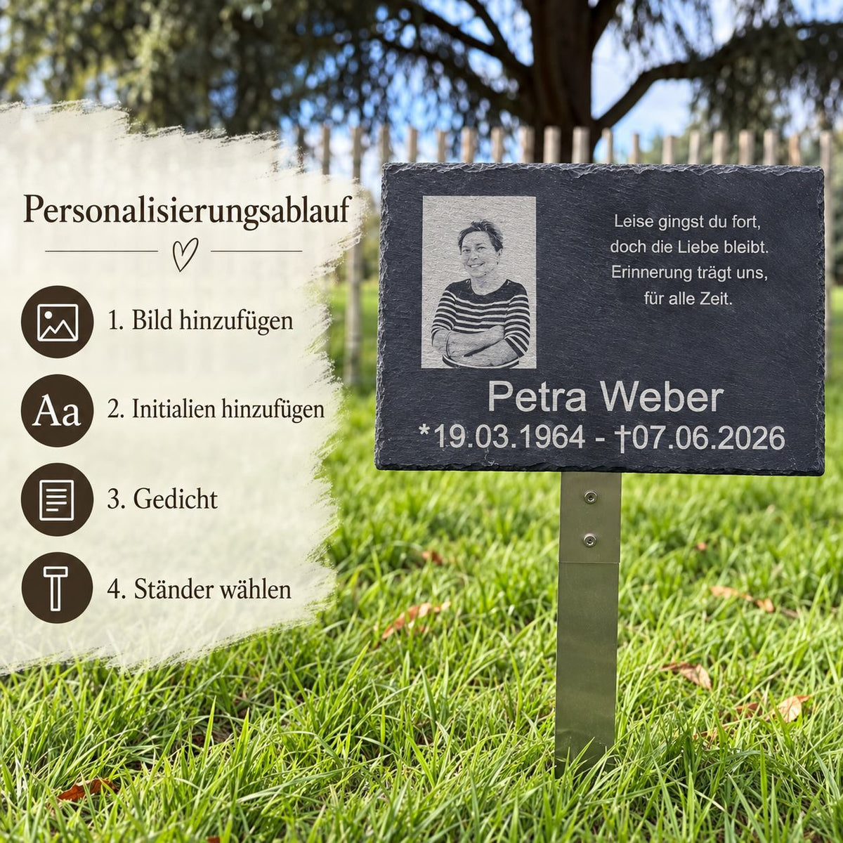 Personalisierte Grabplatte aus Schiefer mit Foto und Gravur – Übersicht zum Personalisierungsablauf mit Bild, Name, Gedicht und Ständer