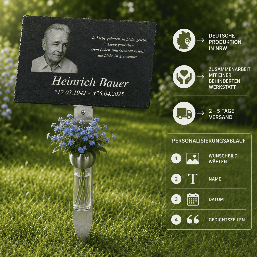 Personalisierte Gedenktafel aus Schiefer mit Foto-Gravur "Heinrich Bauer" und Vergissmeinnicht in Echtglasvase – Personalisierungsablauf mit Wunschbild, Name, Datum und Gedichtszeilen, deutsche Produktion in NRW