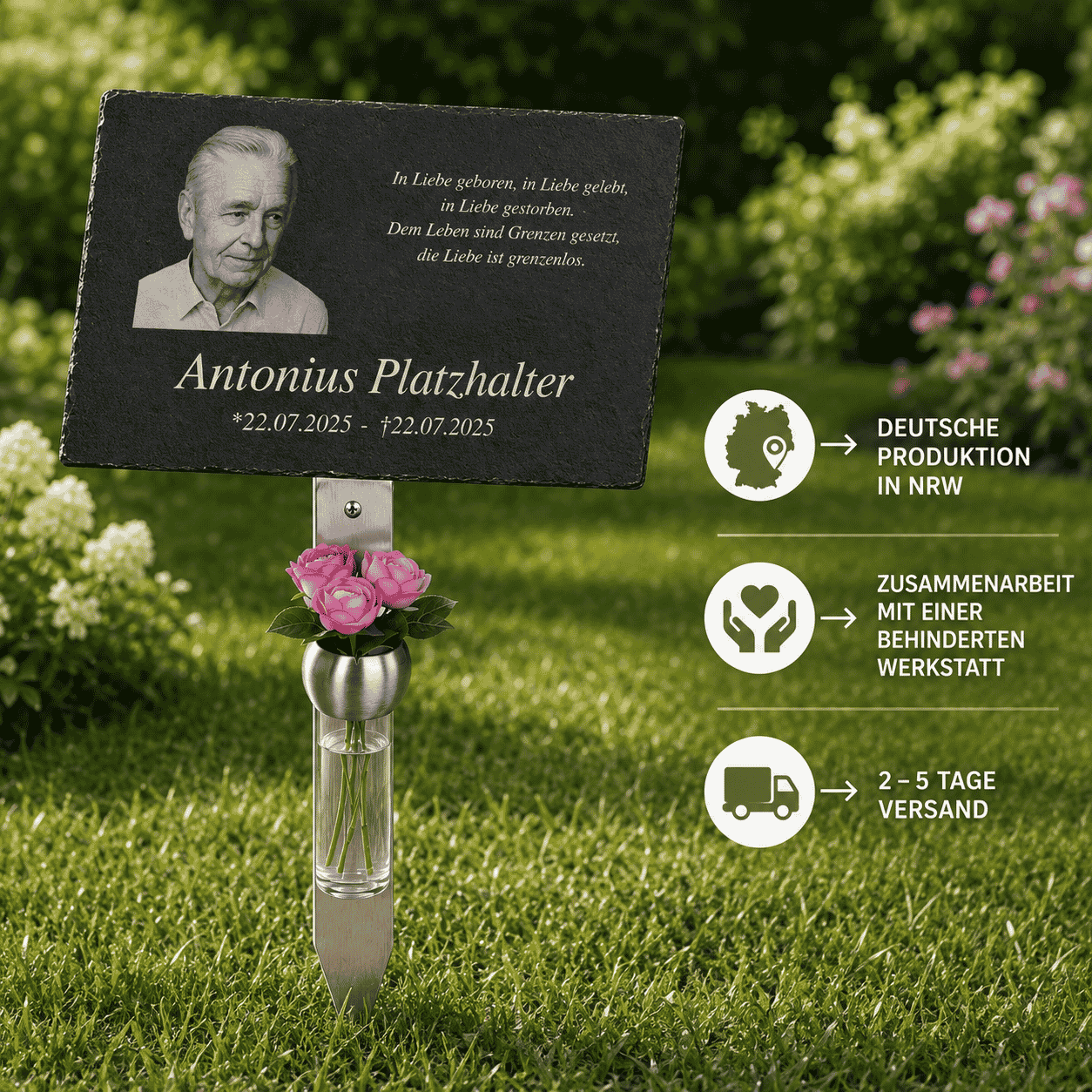 Gedenktafel mit Foto-Gravur "Antonius Platzhalter" und rosa Rosen in Edelstahlhalter auf Rasen – deutsche Produktion in NRW, Zusammenarbeit mit einer Behindertenwerkstatt, Versand in 2–5 Tagen