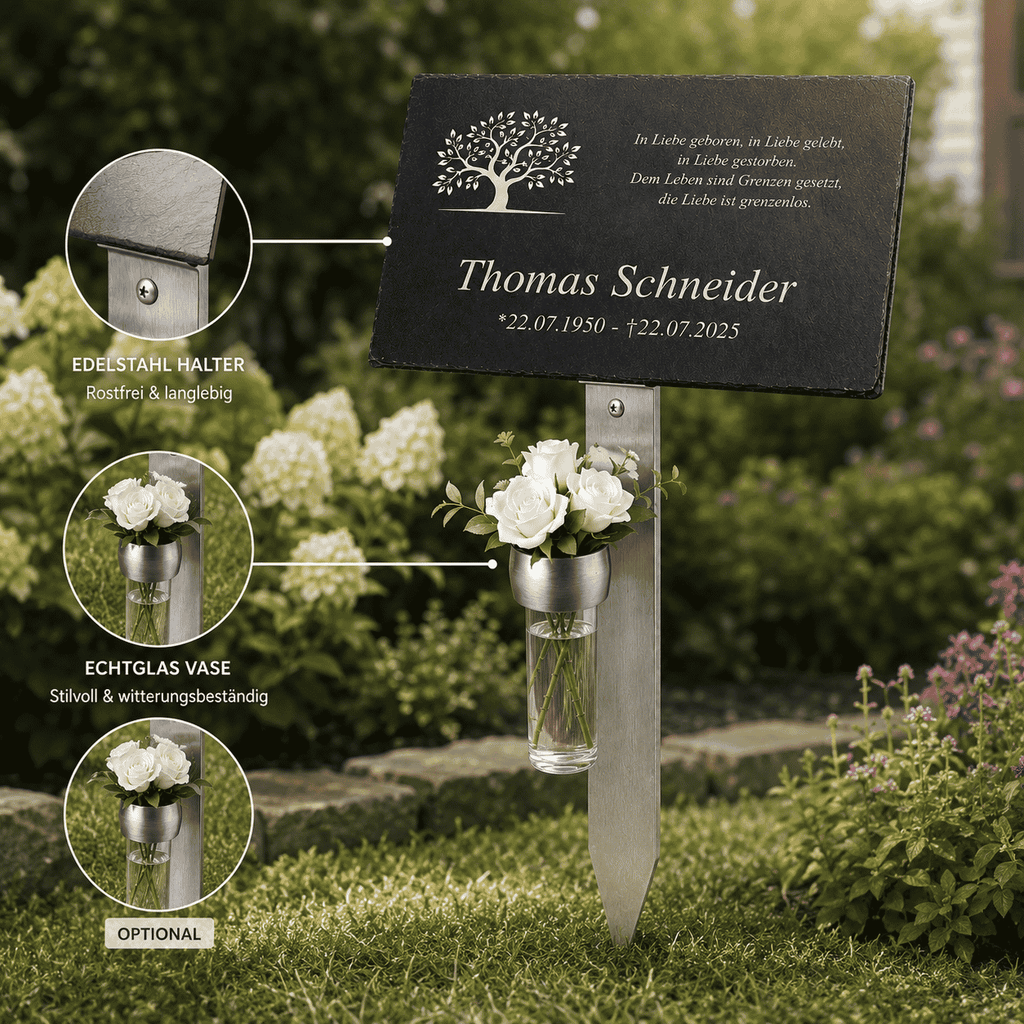 Personalisierte Gedenktafel aus Schiefer mit Lebensbaum-Motiv und Namen "Thomas Schneider" auf rostfreiem Edelstahlhalter mit Echtglasvase für Blumen