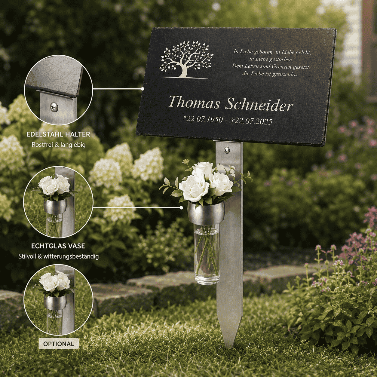Personalisierte Gedenktafel aus Schiefer mit Lebensbaum-Motiv und Namen "Thomas Schneider" auf rostfreiem Edelstahlhalter mit Echtglasvase für Blumen