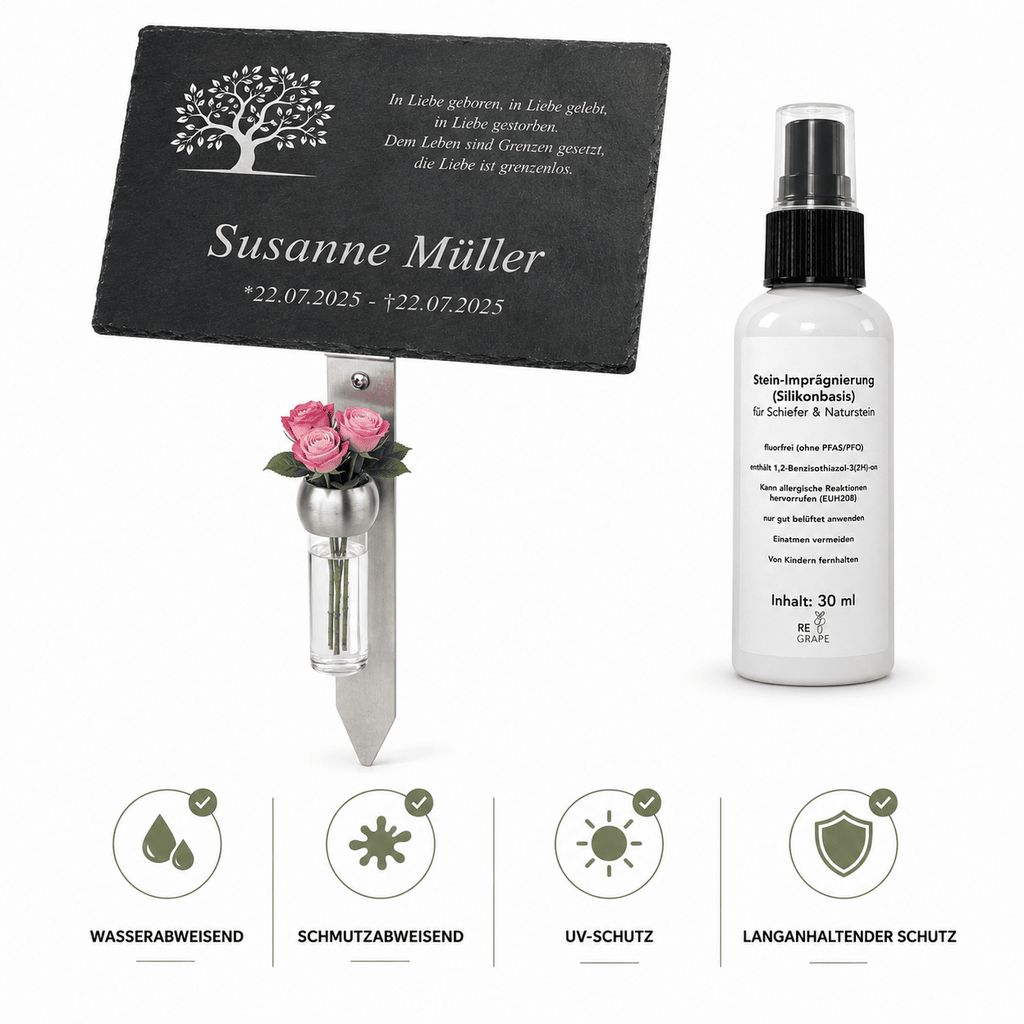 Grabtafel aus Schiefer mit Gravur "Susanne Müller" neben Stein-Imprägnierspray auf Silikonbasis – wasser- und schmutzabweisend, UV-beständig, langanhaltender Schutz für Schiefer und Naturstein