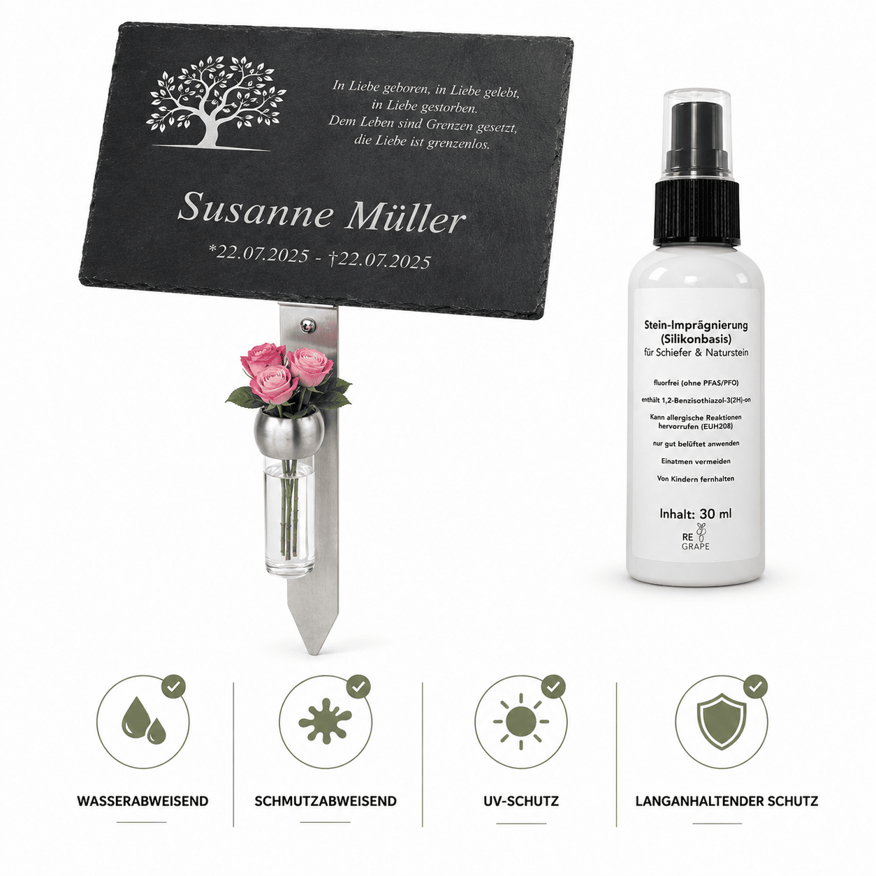 Grabtafel aus Schiefer mit Gravur "Susanne Müller" neben Stein-Imprägnierspray auf Silikonbasis – wasser- und schmutzabweisend, UV-beständig, langanhaltender Schutz für Schiefer und Naturstein