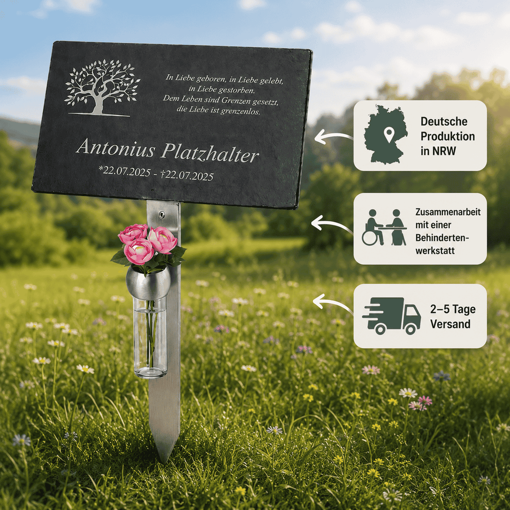 Gedenktafel mit Lebensbaum-Gravur "Antonius Platzhalter" auf Blumenwiese – deutsche Produktion in NRW, gefertigt in Zusammenarbeit mit einer Behindertenwerkstatt, Versand in 2–5 Tagen