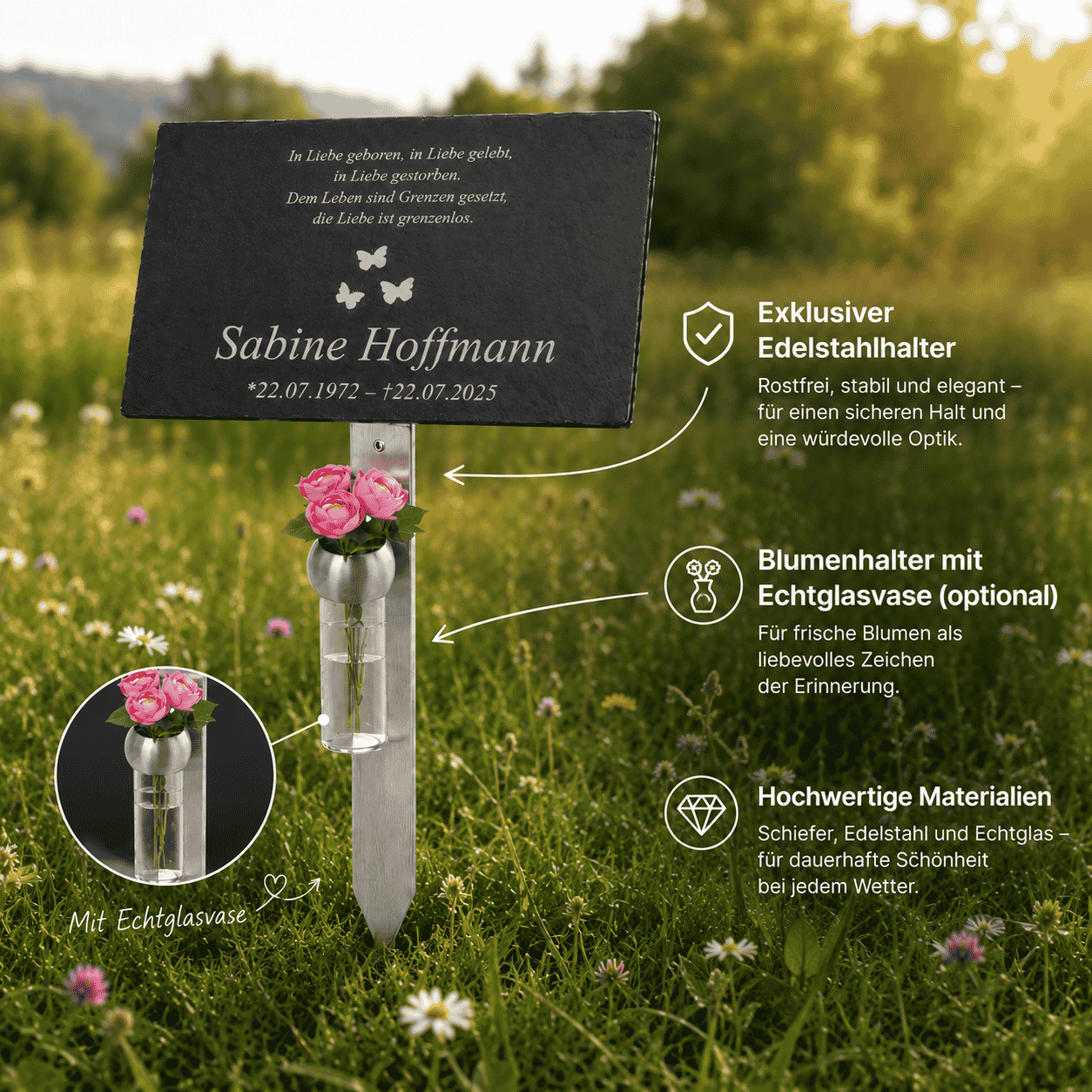 Personalisierte Grabtafel aus Schiefer mit Namen "Sabine Hoffmann" auf Edelstahlhalter, mit optionalem Blumenhalter aus Echtglasvase für frische Blumen
