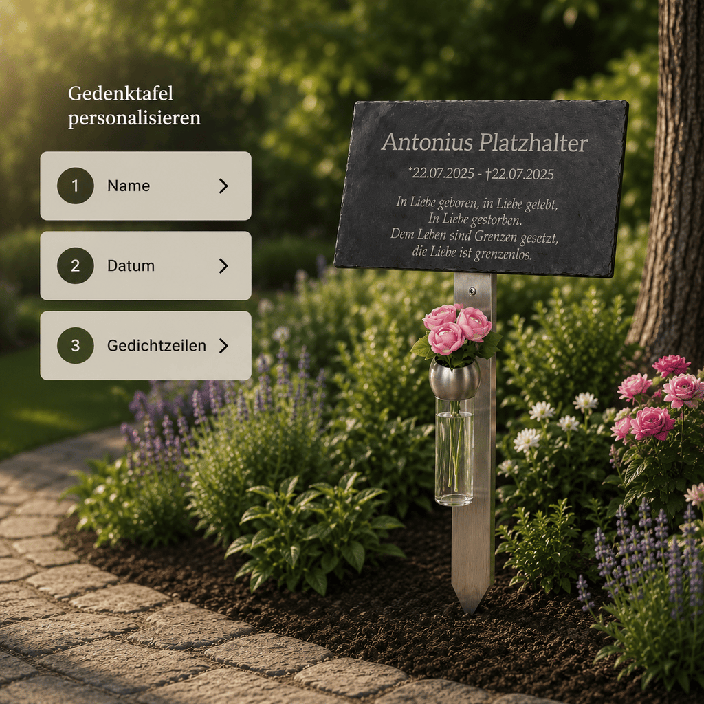 Gedenktafel personalisieren: Auswahlschritte für Name, Datum und Gedichtzeilen neben Schiefertafel mit Blumenvase im Garten