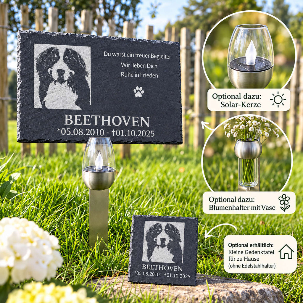 Personalisierte Gedenktafel für Hund aus Schiefer mit Foto, Solar-Kerze, Blumenhalter und kleiner Gedenktafel für Zuhause