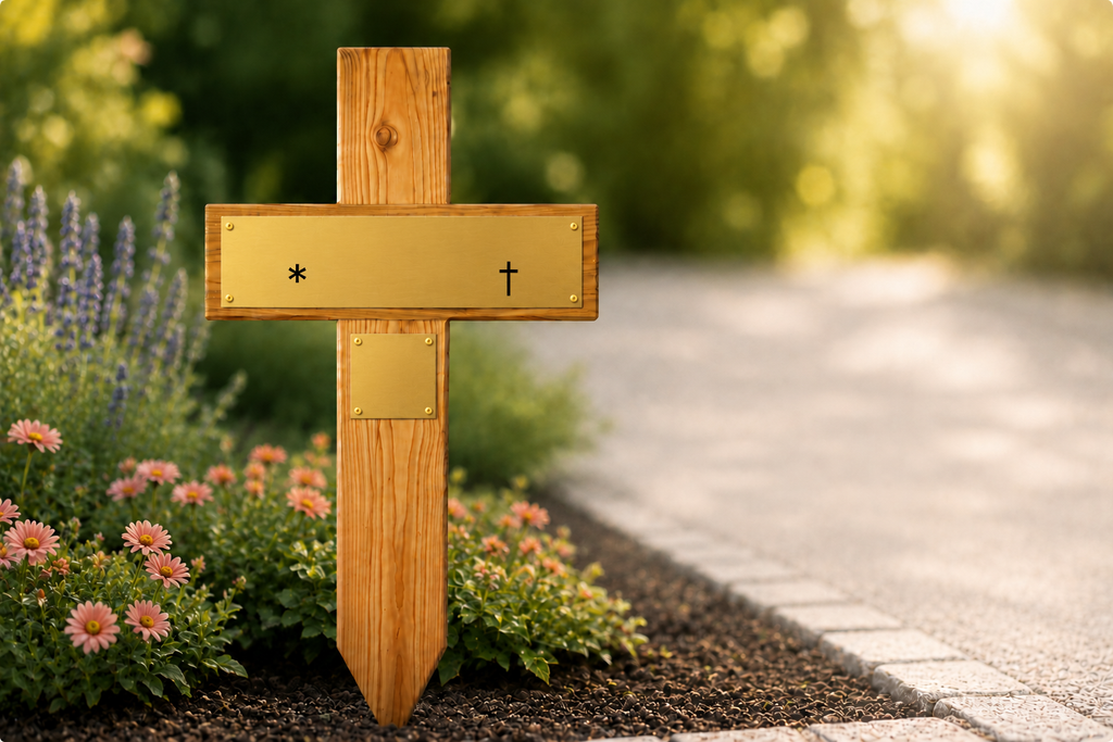 Unbeschriftetes Holzgrabkreuz mit goldfarbenem Schild, aufgestellt auf einem Grab im Blumenbeet