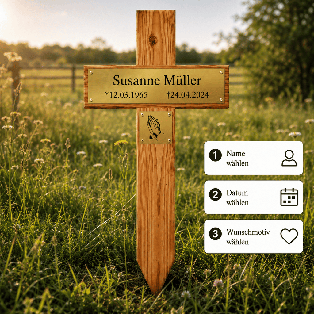 Grabkreuz aus Holz mit Namensschild personalisieren: Name, Datum und Wunschmotiv wählen