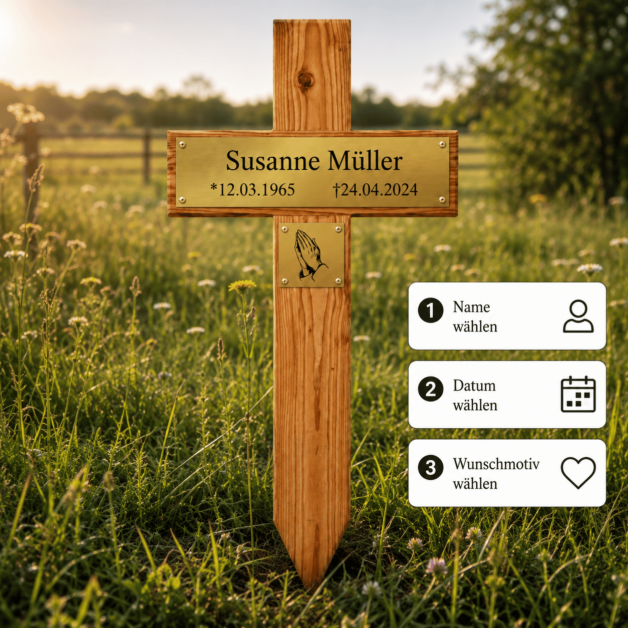 Grabkreuz aus Holz mit Namensschild personalisieren: Name, Datum und Wunschmotiv wählen