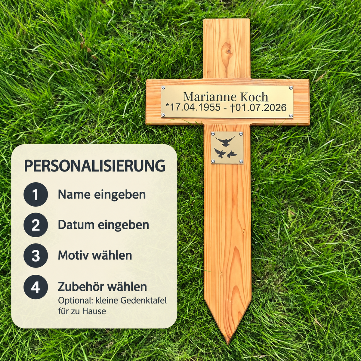 Holzgrabkreuz mit Personalisierung in vier Schritten: Name, Datum, Motiv und optional eine kleine Gedenktafel für zu Hause