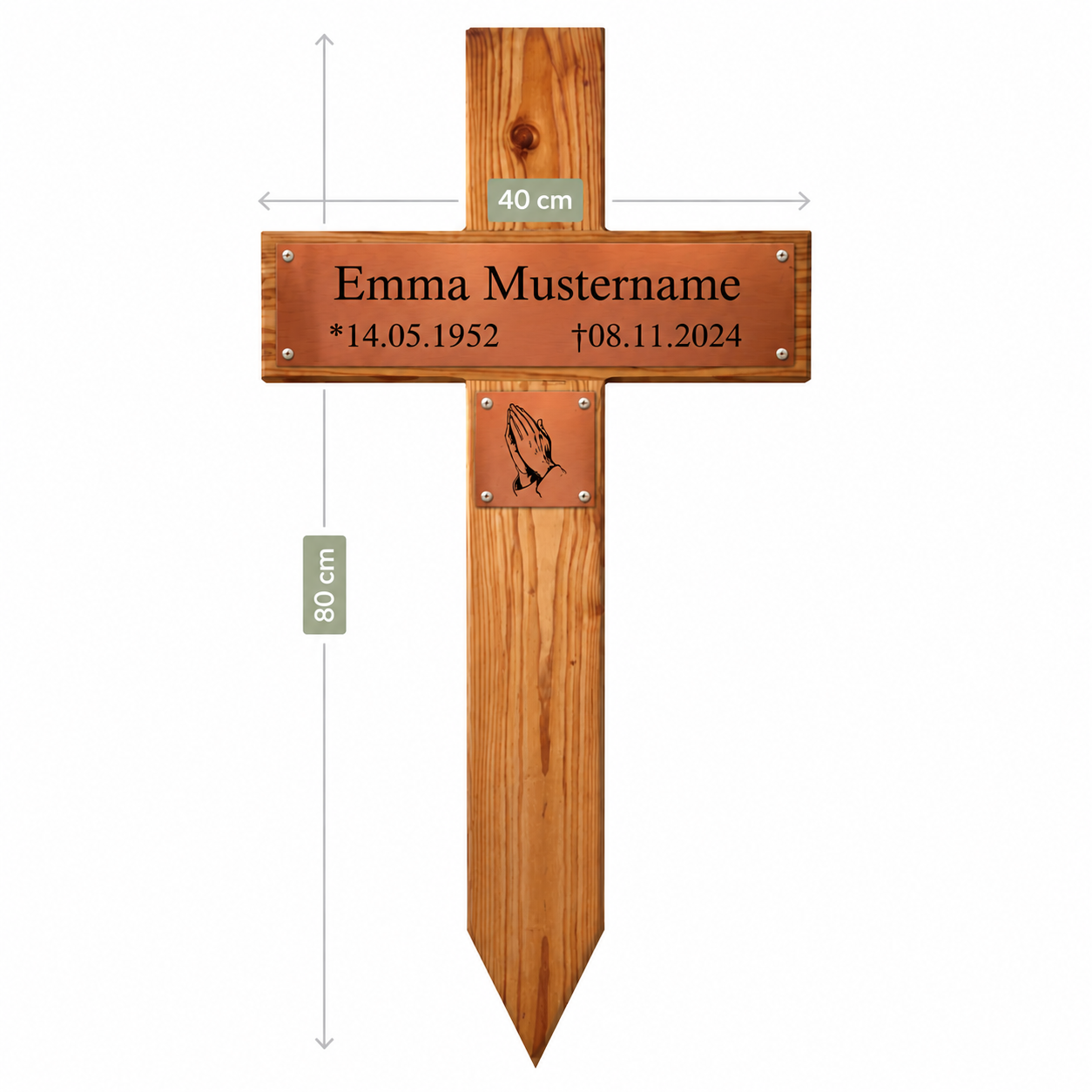 Holzgrabkreuz mit bronzefarbenem Namensschild "Emma Mustername" inklusive Maßangaben 80 cm Höhe und 40 cm Breite