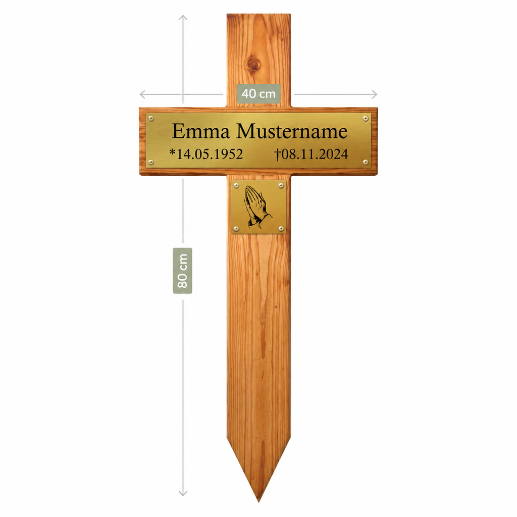 Holzgrabkreuz mit goldfarbenem Namensschild "Emma Mustername" inklusive Maßangaben 80 cm Höhe und 40 cm Breite