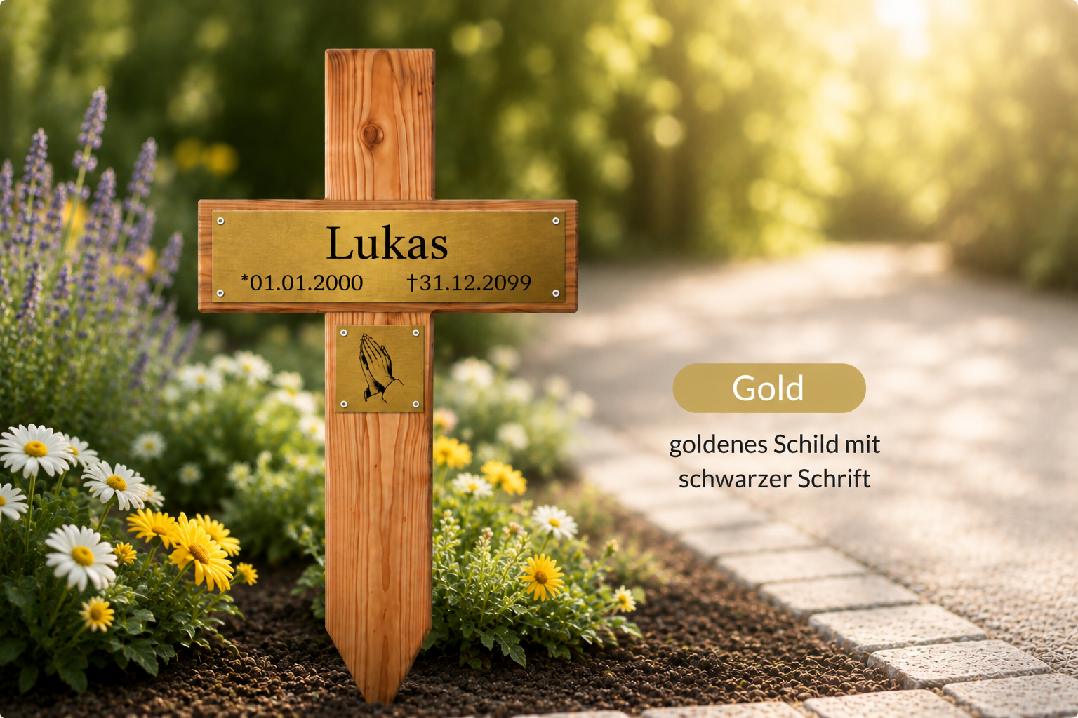 Holzgrabkreuz mit goldfarbenem Schild "Lukas" im Blumenbeet, Produktvariante Gold mit schwarzer Schrift