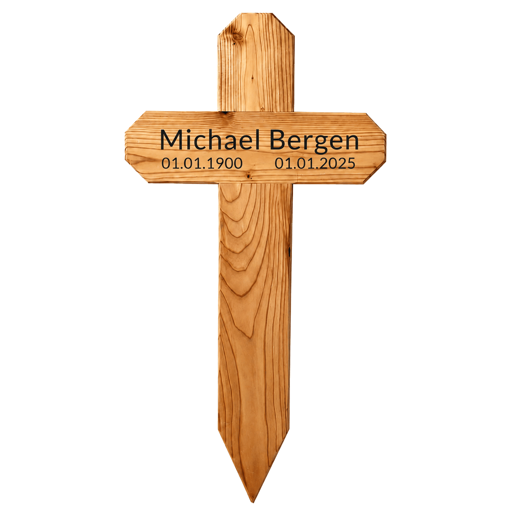 ölzernes Grabkreuz aus hellem Naturholz mit der Aufschrift „Michael Bergen“ sowie den Daten „01.01.1900“ und „01.01.2025“ auf weißem Hintergrund.