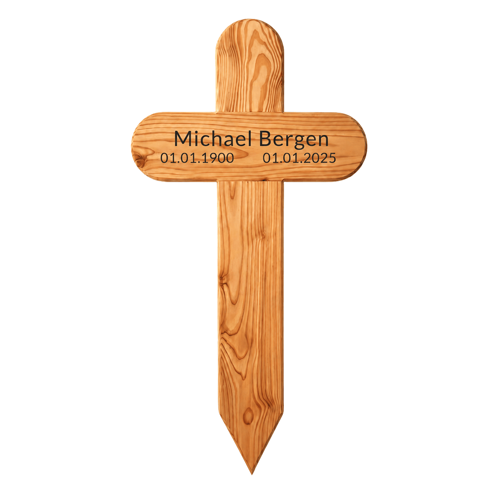 Holzkreuz als Grabmarkierung mit der Aufschrift „Michael Bergen“ sowie den Daten „01.01.1900“ und „01.01.2025“ auf hellem Hintergrund