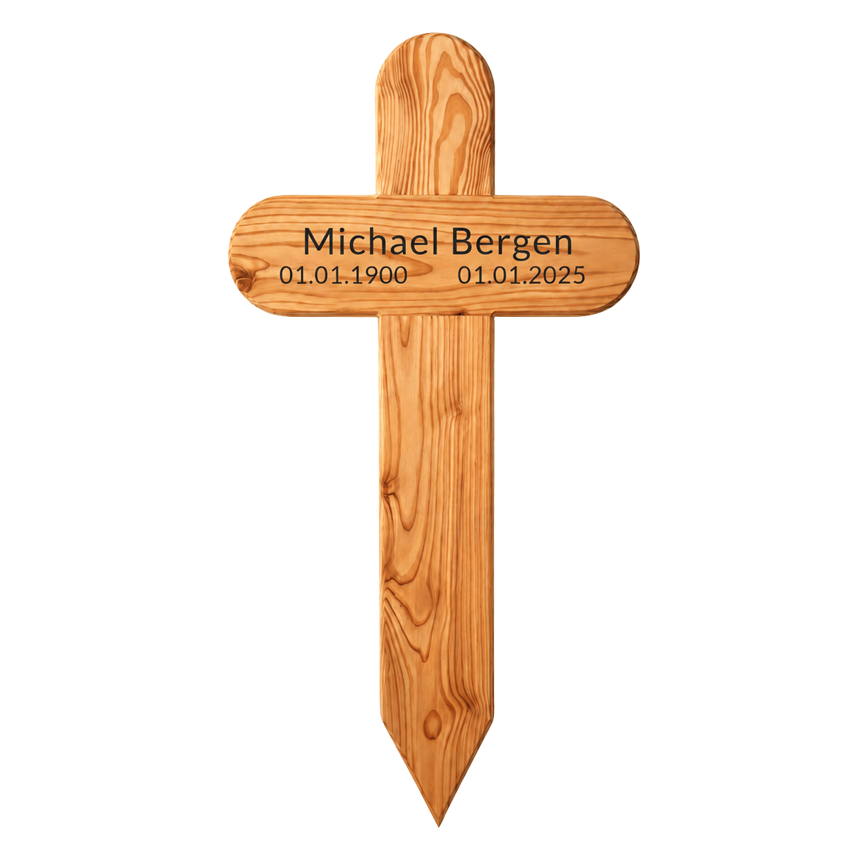 Holzkreuz als Grabmarkierung mit der Aufschrift „Michael Bergen“ sowie den Daten „01.01.1900“ und „01.01.2025“ auf hellem Hintergrund