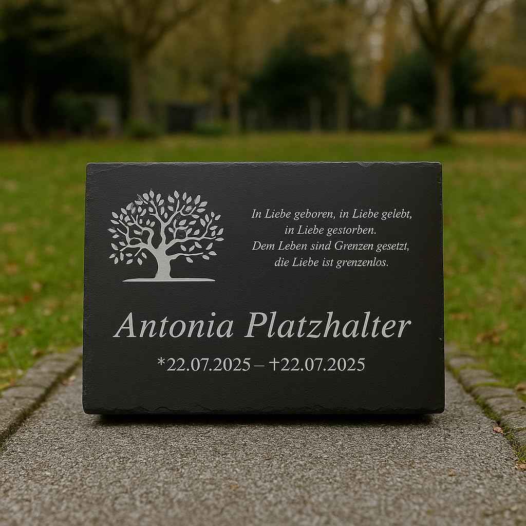 Personalisierte Gedenktafel mit Wunschmotiv (links) inkl. Lasergravur