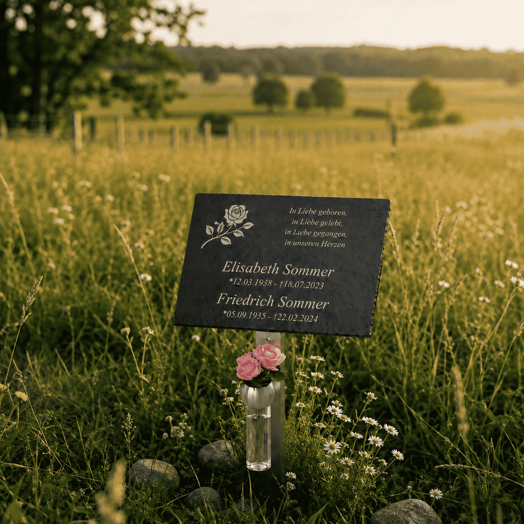 Ehegatten Gedenktafel aus Schiefer mit Rosengravur, personalisiert mit Namen und Daten, auf Erdspieß in Blumenwiese