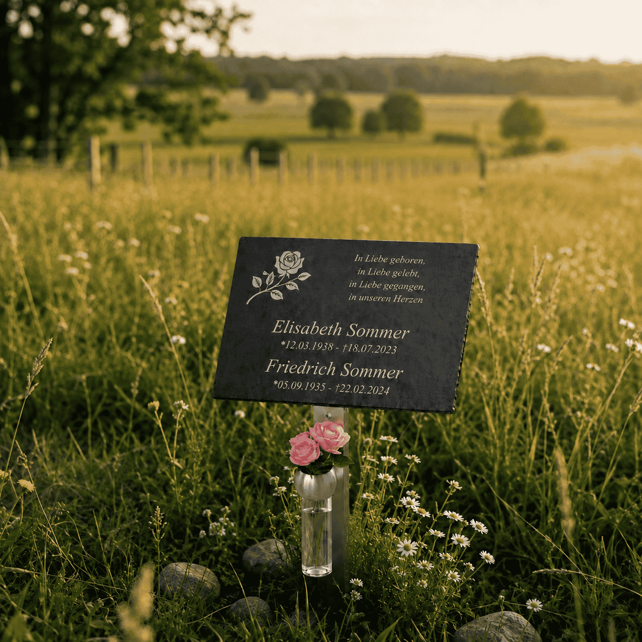 Ehegatten Gedenktafel aus Schiefer mit Rosengravur, personalisiert mit Namen und Daten, auf Erdspieß in Blumenwiese