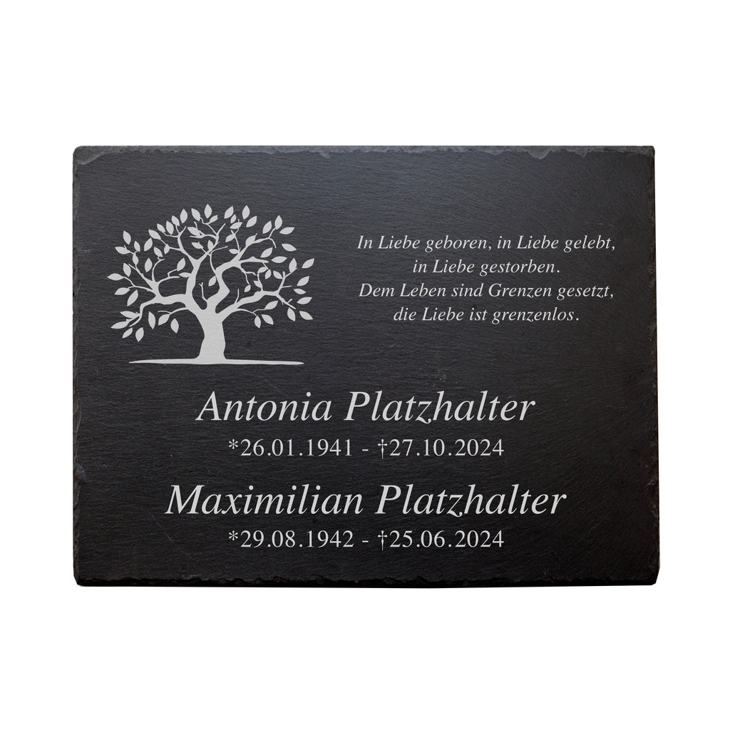 Schiefer-Grabschild mit Lebensbaum-Gravur, Trauerspruch und Doppelnamen "Antonia Platzhalter" und "Maximilian Platzhalter" mit Geburts- und Sterbedaten, Frontalansicht