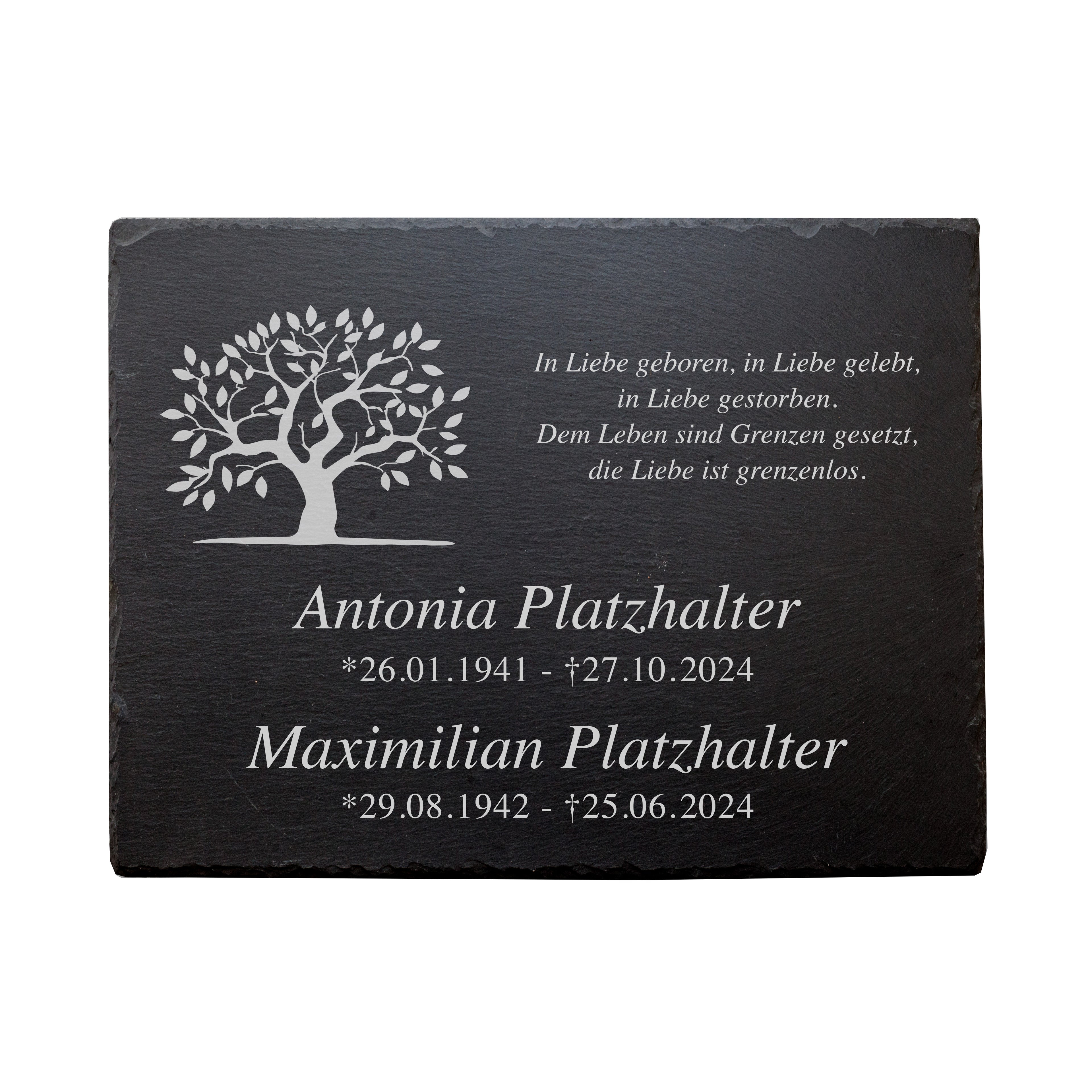 Schiefer-Grabschild mit Lebensbaum-Gravur, Trauerspruch und Doppelnamen "Antonia Platzhalter" und "Maximilian Platzhalter" mit Geburts- und Sterbedaten, Frontalansicht