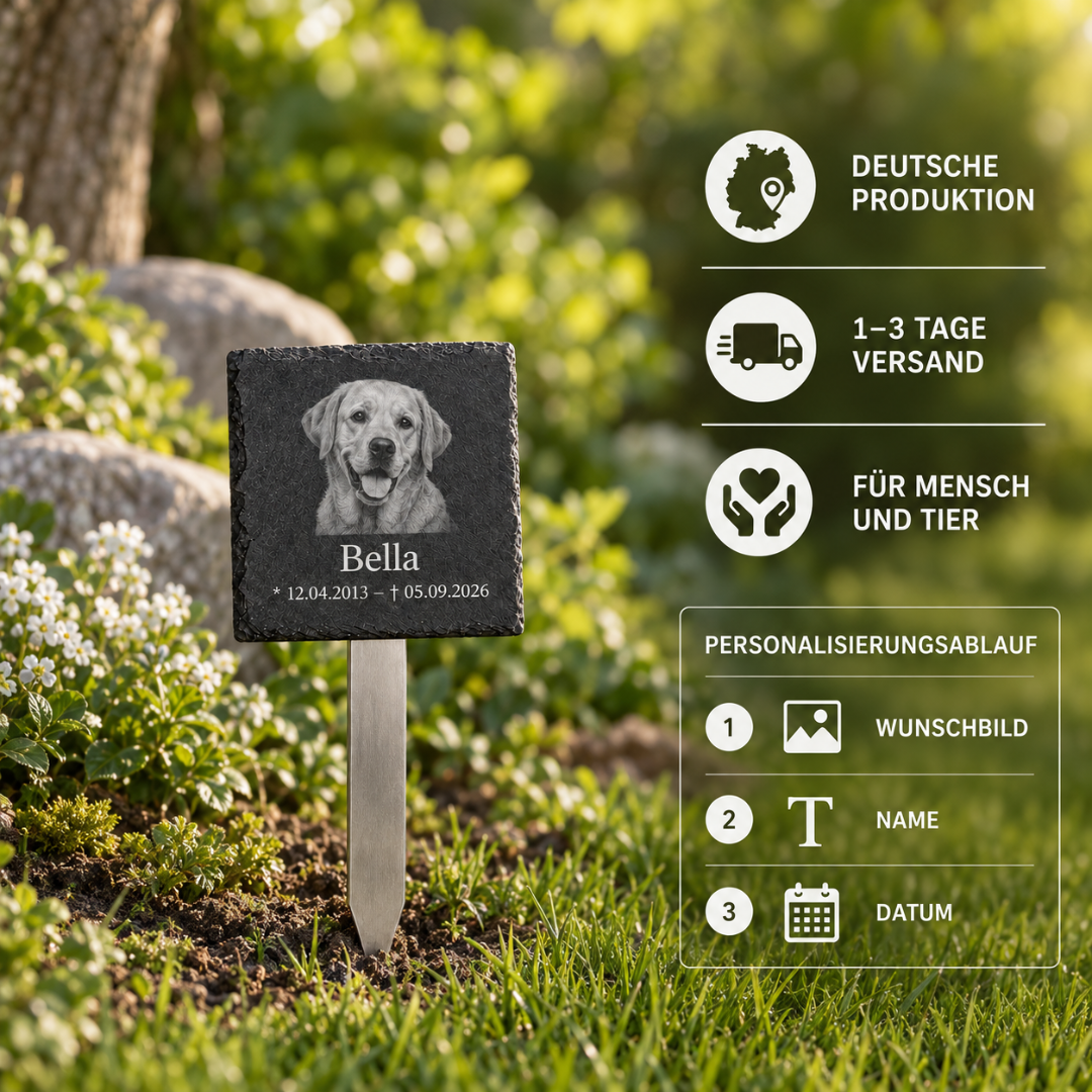 Kleine Hunde-Gedenktafel aus Schiefer mit Foto auf Edelstahl-Grabstecker im Garten