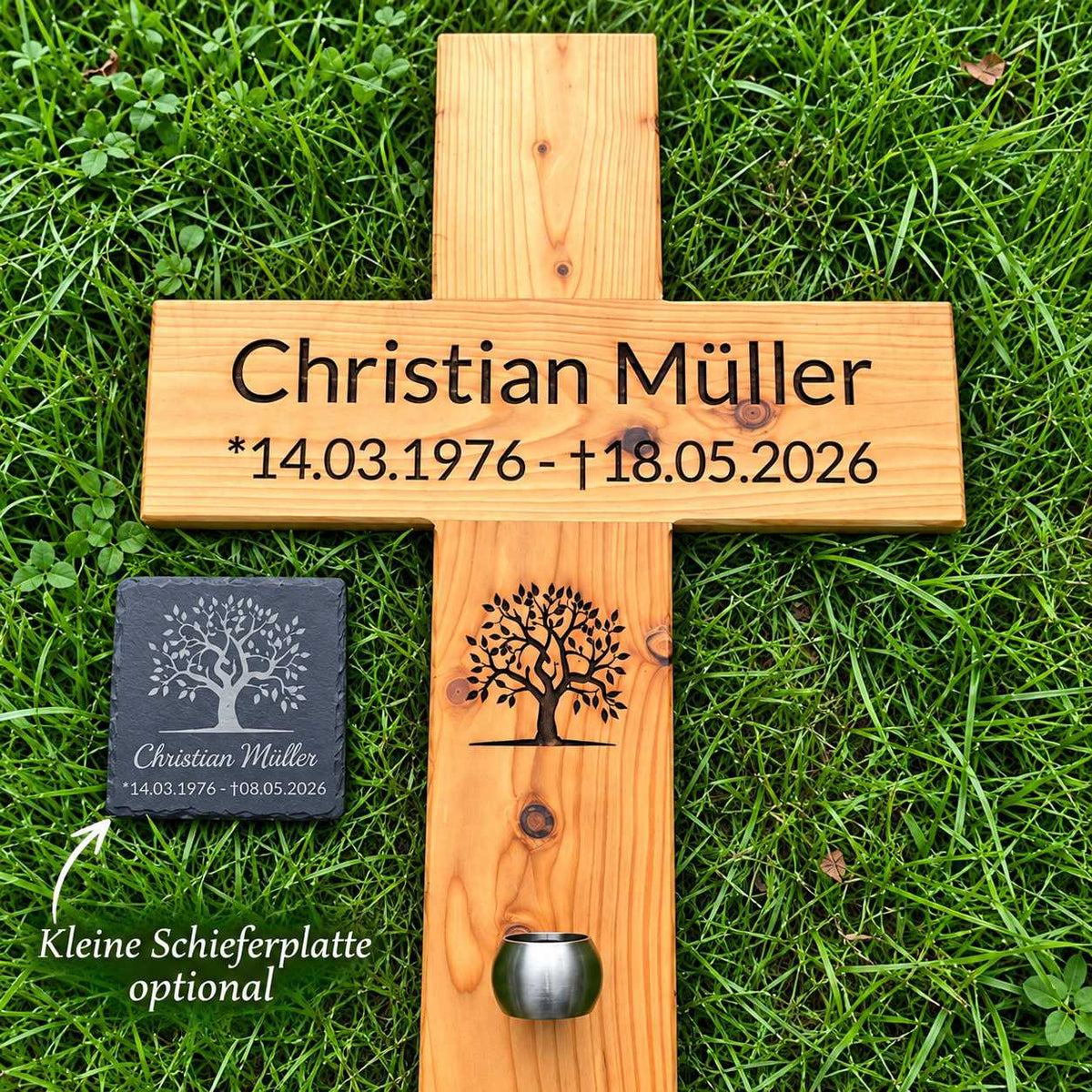 Personalisiertes Holz-Grabkreuz mit Lebensbaum-Motiv und optionaler kleiner Schieferplatte mit Gravur
